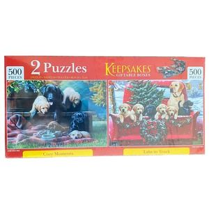 Set of 2 Keepsakes Giftable Boxes 500 Pc. each Jigsaw Puzzles New Puppy Holidays